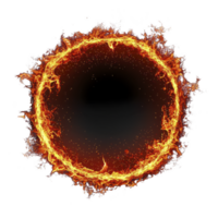 A fiery ring of intense flames forms dramatic circular shape against transparency background, creating sense of energy and power. vibrant orange and red hues highlight dynamic movement of fire png