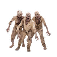 A Creepy zombies with decayed skin and tattered clothes stagger forward, evoking sense of horror and dread. Their skeletal features and menacing expressions create chilling atmosphere png