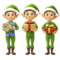 A Three cheerful cartoon elves in green outfits and hats hold colorful gift boxes, spreading holiday joy. Their big eyes and friendly smiles add to festive atmosphere png