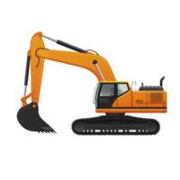 An orange excavator with large digging arm and bucket is depicted, showcasing its robust design and functionality for construction work. machine is set against plain background, highlighting its png