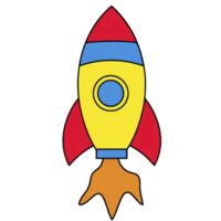 A colorful cartoon rocket with yellow body, red fins, and blue accents, launching with orange flame. simple design conveys playful and adventurous theme png