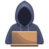 A mysterious figure in dark hoodie sits at laptop, symbolizing anonymity and cybersecurity. faceless character evokes intrigue and caution, representing online privacy concerns png