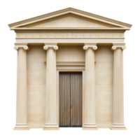 A classical Greek style building facade with four Ionic columns and triangular pediment, featuring intricate stone carvings and wooden door, evokes sense of historical grandeur png