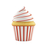 A delicious vanilla cupcake with swirled white and red frosting sits in striped wrapper, creating festive and inviting treat png