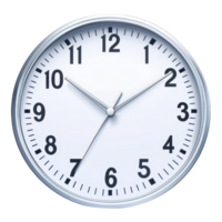 A round wall clock with white face and black numerals shows time as 1010. clock has silver frame and simple black hour and minute hands png
