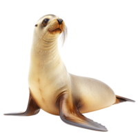 A sea lion sits on transparency background, showcasing its sleek body and whiskered face. animal smooth fur and curious expression are highlighted in this isolated image png
