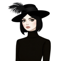 A stylish illustration of woman in black outfit and hat with feather, exuding elegance and sophistication. monochrome theme highlights her striking makeup and poised expression png