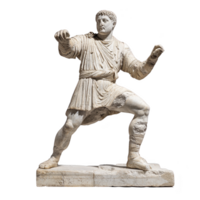A marble statue of bearded man in dynamic pose, wearing tunic and boots, stands on rectangular base. sculpture captures movement and strength, showcasing detailed craftsmanship png