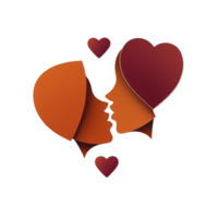 A Two abstract faces in profile, crafted from orange and red shapes, form heart as they lean in for kiss. design is surrounded by smaller heart shapes, conveying love and connection png