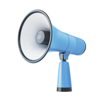 A blue megaphone with white speaker cone is depicted against plain background, showcasing its sleek design and functionality. image highlights megaphone potential for amplifying sound effectively png