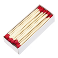 A box of wooden matches with red tips is neatly arranged, showcasing their uniformity and simplicity. white box contrasts with vibrant red, emphasizing matches practical design png