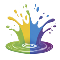 A vibrant splash of colorful paint creates dynamic and energetic visual, blending shades of green, yellow, blue, and purple in symmetrical design png