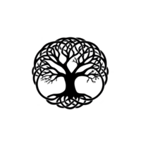 A detailed black tree of life design with intricate branches and roots forms circular pattern, symbolizing growth and connection. design is elegant and symmetrical, evoking sense of harmony png
