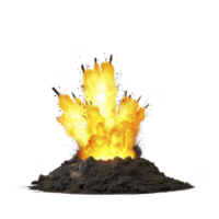 A fiery explosion erupts from mound of dark soil, with bright flames and smoke billowing upwards, creating dramatic and intense scene png