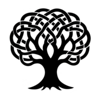 A stylized tree design with intricate, interwoven branches and roots, resembling Celtic knotwork. symmetrical pattern creates sense of harmony and balance, often symbolizing growth and connection png