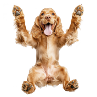 A joyful Cocker Spaniel with golden fur sits upright, paws raised playfully, and tongue out, exuding happiness and energy. dog expressive eyes and floppy ears add to its charm png