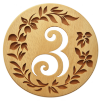 A wooden circular plaque features intricately carved number three, surrounded by floral patterns and leaves, showcasing craftsmanship and elegance png