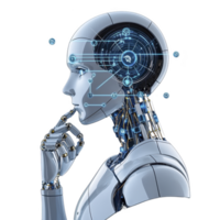 A futuristic humanoid robot with transparent head displays intricate circuitry and glowing blue elements, symbolizing advanced artificial intelligence and technology png