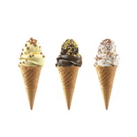 A Three delicious ice cream cones with different toppings are displayed against transparency background. first cone features vanilla ice cream with chocolate sprinkles, second has chocolate ice png