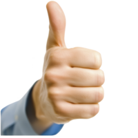 A close up of hand giving thumbs up gesture, symbolizing approval or agreement. hand is wearing blue sleeve, and background is plain, emphasizing positive gesture png