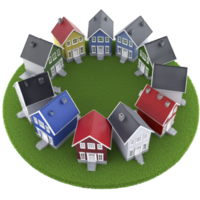 A circle of colorful, small model houses arranged on grassy surface, showcasing variety of architectural styles and vibrant roofs, creating playful and inviting scene png