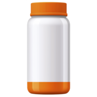 A white plastic bottle with orange cap and base, suitable for storing supplements or vitamins, stands against plain background. design is simple and functional png
