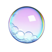 A delicate, iridescent soap bubble floats against transparency background, displaying spectrum of colors and glossy surface. Smaller bubbles cling to its base, creating whimsical and playful scene png