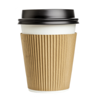 A disposable coffee cup with black lid and brown corrugated sleeve, designed for hot beverages, stands against transparency background png