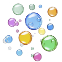 A Colorful translucent bubbles of various sizes float against transparency background, creating playful and whimsical atmosphere. bubbles display spectrum of colors including blue, green, yellow png