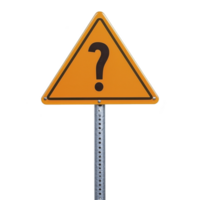 A triangular orange warning sign with question mark symbol stands on metal pole, indicating uncertainty or caution. sign bright color and bold symbol attract attention png