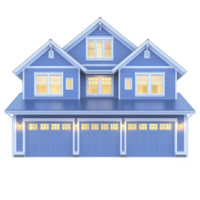 A large, modern blue house with multiple windows and three car garage, illuminated warmly from within, showcases welcoming and spacious design png
