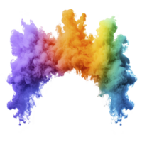 A vibrant explosion of colorful smoke forms arch, blending shades of purple, orange, and green in dynamic and artistic display. swirling clouds create sense of movement and energy png