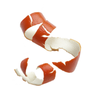 A spiraled orange peel is elegantly curled against transparency background, showcasing its vibrant color and textured surface. peel natural twist creates dynamic and artistic visual png