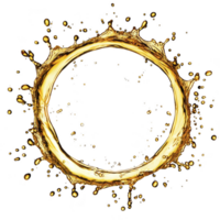 A dynamic splash of golden liquid forms perfect circle against transparency background, creating striking and energetic visual. fluid motion and vibrant color convey sense of movement and vitality png