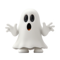 A cute cartoon ghost with surprised expression stands with arms outstretched, featuring classic white sheet design and large black eyes. playful character evokes sense of fun and whimsy png