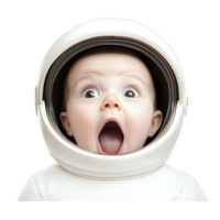 A baby with surprised expression is wearing astronaut helmet, creating playful and imaginative scene. image combines innocence with sense of adventure png