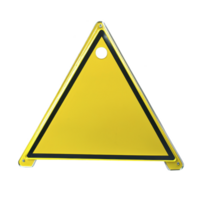A yellow triangular warning sign with black border and hole at top for mounting, often used for cautionary messages or alerts in various settings png