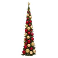 A tall, elegant Christmas tree adorned with red and gold ornaments, topped with shining star, creates festive and joyful atmosphere png