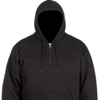 A black hoodie with front zipper and drawstrings is displayed against plain background, showcasing its casual and versatile style. hood is up, adding sense of mystery png