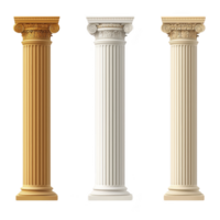 A Three classical columns stand side by side, each showcasing distinct architectural styles. first is golden Ionic column with intricate scrolls, second is white Corinthian column with ornate png
