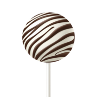 A round lollipop with striking zebra pattern features white and dark chocolate swirls, creating eye catching design. lollipop is mounted on white stick, set against plain background png