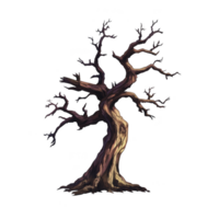 A twisted, leafless tree with gnarled branches stands against plain background, evoking sense of mystery and solitude. intricate bark texture adds depth to illustration png