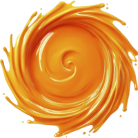 A vibrant swirl of orange liquid creates dynamic, energetic pattern, resembling splash or vortex. glossy texture and rich color evoke sense of movement and fluidity png
