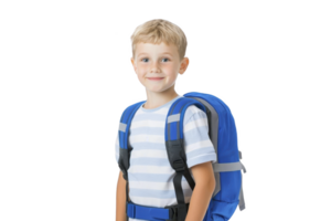 A young boy with cheerful expression is wearing striped shirt and blue backpack, ready for school. background is plain, emphasizing his readiness and excitement png