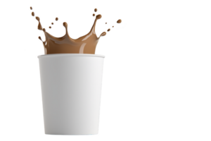 A splash of chocolate milk erupts from white paper cup, creating dynamic and energetic scene. contrast between rich brown liquid and plain cup highlights motion png
