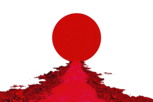 A large red circle dominates center of image, set against transparency background. red path leads towards circle, creating dramatic and surreal atmosphere. path is flanked by dark, textured edges png