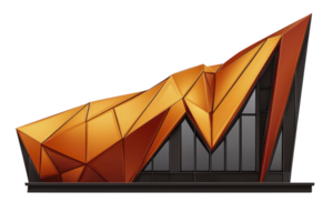 A modern architectural structure with striking geometric design features angular, orange panels and large glass windows, creating dynamic and futuristic appearance png