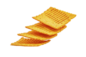 A Golden crispy crackers stacked in dynamic arrangement, showcasing their textured surface and inviting appearance. Perfect for snacking or pairing with dips png