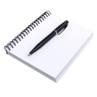 A black pen rests on open spiral notebook with blank white pages, ready for writing or sketching. scene is simple and inviting, perfect for creativity or note taking png