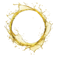 A dynamic splash of golden liquid forms perfect circle against transparency background, creating sense of motion and energy. vibrant color and fluid shape evoke feeling of luxury and vitality png